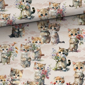 Jersey French Terry knit fabric Kittens with flowers by the yard, by the meter, 160cm/63&#39;&#39; wide