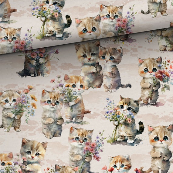 Jersey French Terry knit fabric Kittens with flowers by the yard, by the meter, 160cm/63'' wide