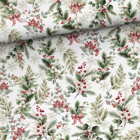 Christmas Floral Festive Plants 100% Cotton fabric for sewing and quilting