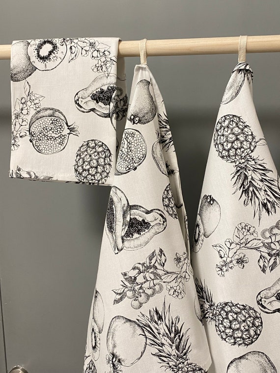 Cotton Kitchen Towel Tea Towel Dishtowel Fruit print  Scandinavian cotton Black & White