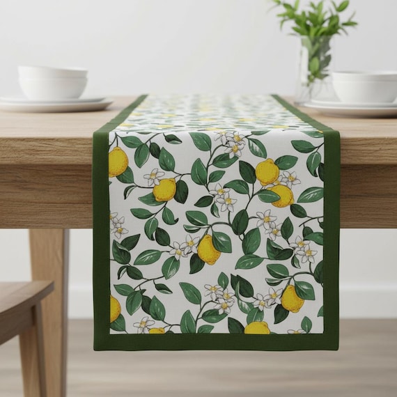 Table runner Lemons, Yellow and Green, Scandinavian cotton fabric,  15in x 54in // 39cm*137cm