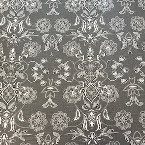 Scandinavian Cotton fabric  Gray Floral Damask print Home decor fabric