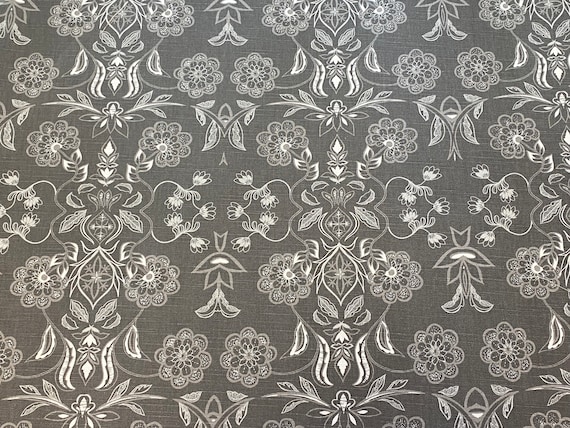 Scandinavian Cotton fabric  Gray Floral Damask print Home decor fabric