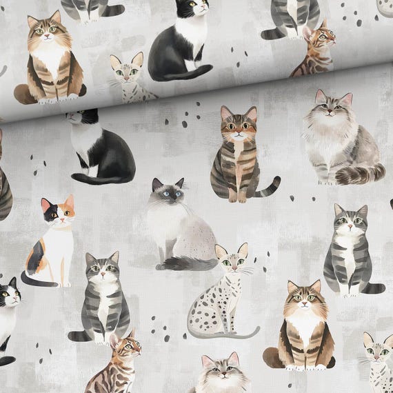 Cats on Gray Cotton fabric for sewing and quilting, 61 inches wide /155 cm