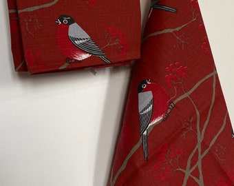 Kitchen Towel Tea Towel  Dish Towel - Scandinavian Cotton fabric Birds Red Bullfinches Finches