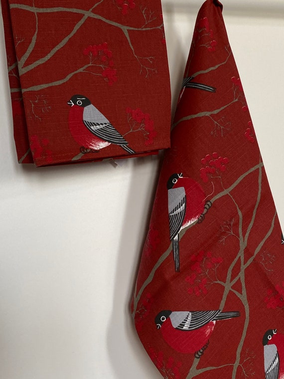 Kitchen Towel Tea Towel  Dish Towel - Scandinavian Cotton fabric Birds Red Bullfinches Finches