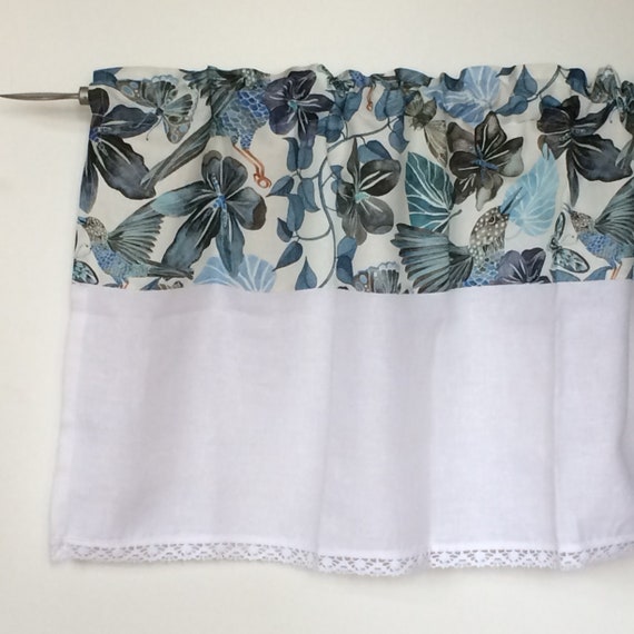 Linen Curtains Kitchen Curtains Valance Café curtains Lace Curtains Panels Birds and Plants Blue