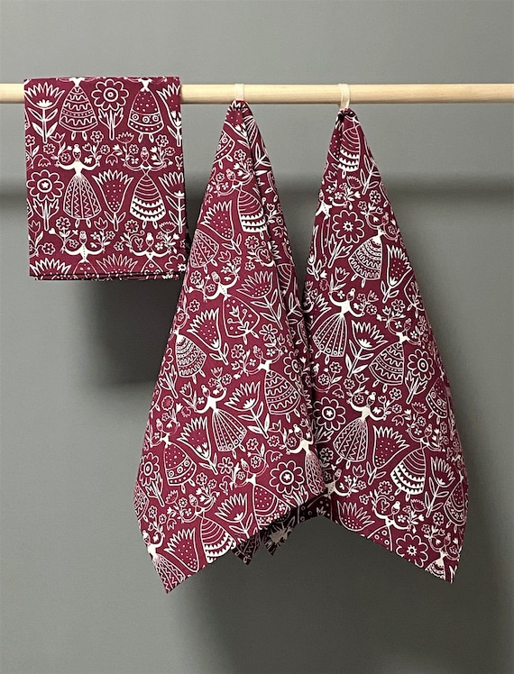Kitchen Towel Tea Towel Dolls Floral Burgundy background Scandinavian Cotton fabric