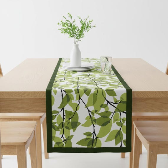 Table runner Green Spring Leaves, Scandinavian cotton fabric, 13in x 53in // 33cm*136cm