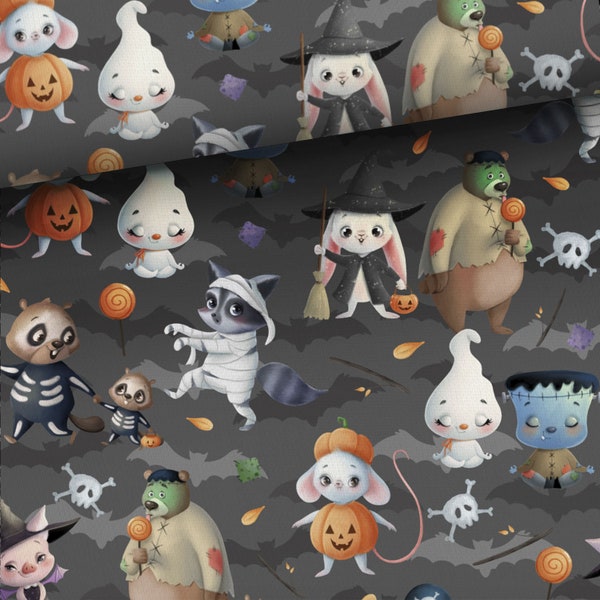 Halloween fabric, Spooky fabric, Pumpkin, Cute Animals fabric for sewing and quilting