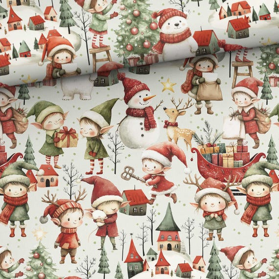 Christmas Elves cotton fabric Elf for sewing and quilting 155 cm/ 61in wide