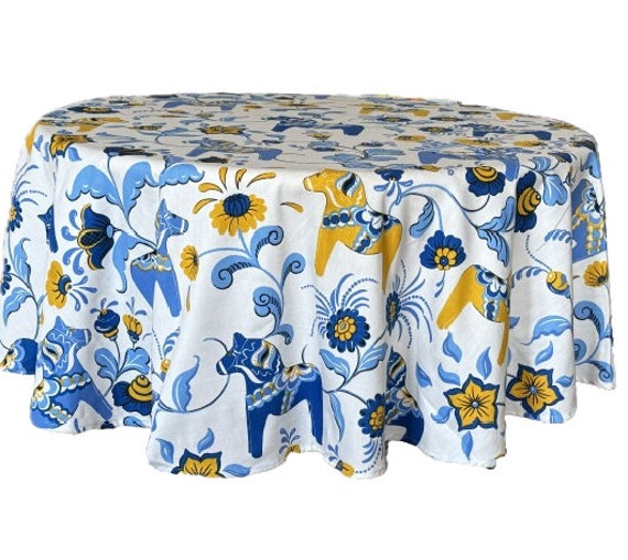 Round Swedish Dala Horse Tablecloth Scandinavian Cotton Canvas tablecloth Blue & Yellow