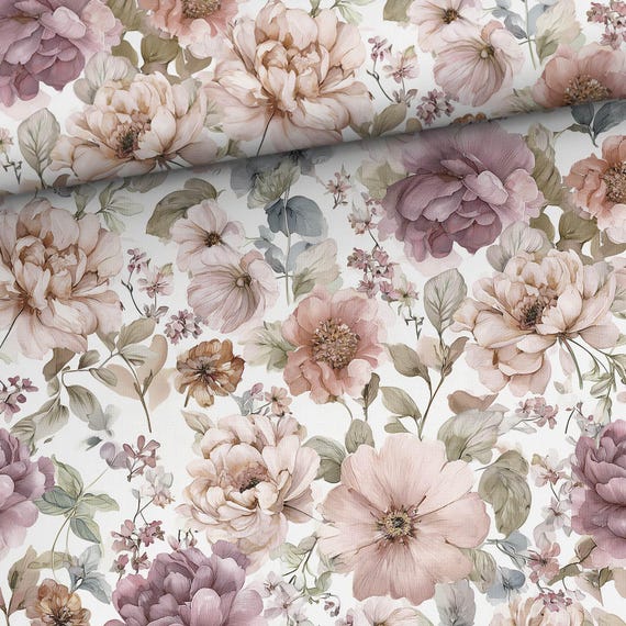 Floral cotton fabric by the yard, pink pastel flowers for sewing and quilting