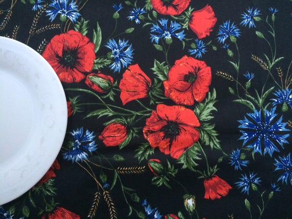 Tablecloth or Table runner Floral Poppies - Scandinavian cotton fabric - Table linens - Black- Round or Rectangular