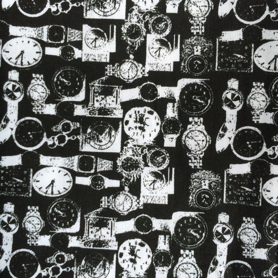 Cotton fabric Watches Clocks - Black and White - 59 inches (150 cm) wide