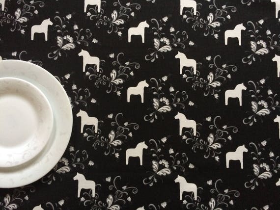Tablecloth or Table runner  - Scandinavian cotton fabric - Table linens - Dala Horse - Round Oval Square