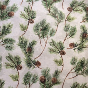 Tessuto di cotone Tessuto scandinavo Pigne Sfondo verde/bianco sporco