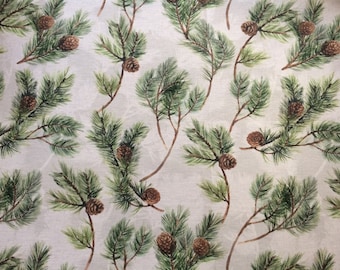 Cotton fabric Scandinavian fabric Pine cones Green /Off-white background
