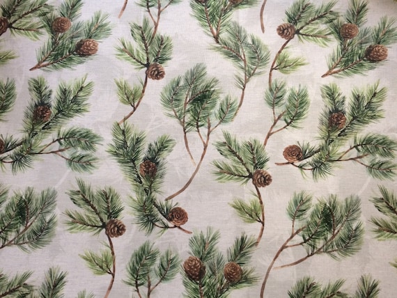 Cotton fabric Scandinavian fabric Pine cones Green /Off-white background