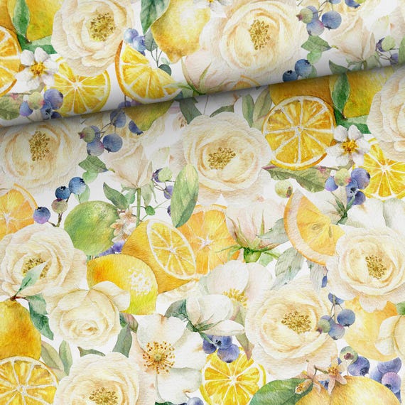 Lemons in Bloom Cotton Jersey Fabric, Yellow Floral Print (162cm /63 in Wide)