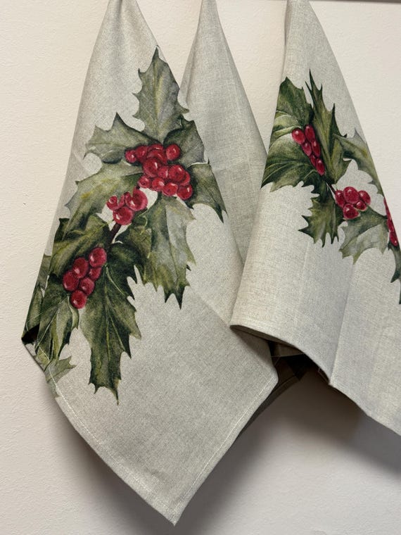 Linen Kitchen Towel Set of 3 Christmas Ivy flower towels