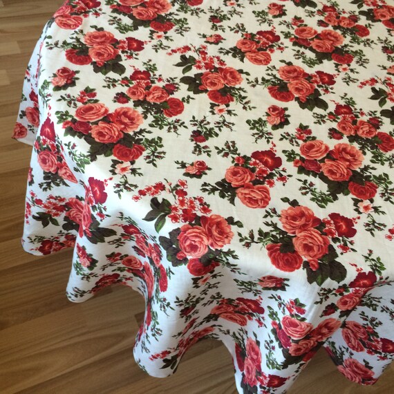 Round Linen Tablecloth Shabby Chic Roses Red Table Linen 148 cm / 58 ''