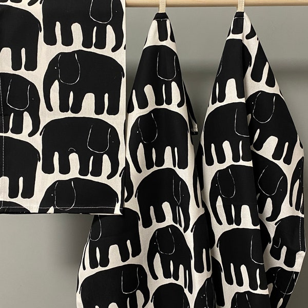 Cotton Kitchen Towel Tea Towel Dish Towel - Scandinavian Cotton fabric Geometric print Elephant print Black and White