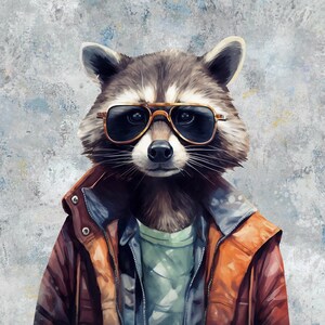 May include: A watercolor illustration of a raccoon wearing aviator sunglasses and a brown leather jacket over a green shirt. The raccoon has a serious expression, set against a textured, gray background.