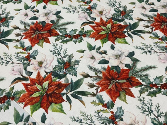 Cotton fabric Christmas flower Poinsettia Red/Green Home décor Cotton Canvas