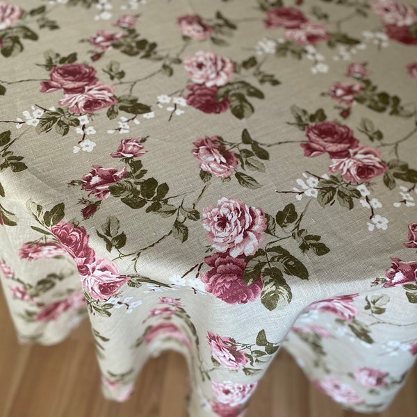 Nappe en lin Nappe Floral Nappe Linge de table Shabby Chic Roses Fleurs Ronde Ovale Rectangle