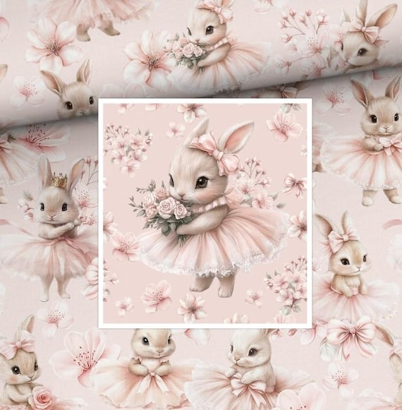 Bunny Ballet in Flowers Cotton loop knit fabric, French terry cloth
