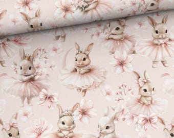 Pink Bunny Ballet cotton fabric for sewing and quilting, 155 cm/ 61inch wide