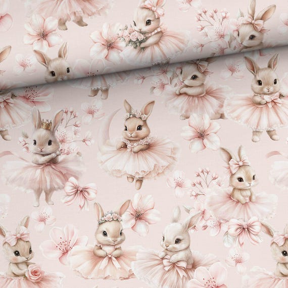Pink Bunny Ballet cotton fabric for sewing and quilting, 155 cm/ 61inch wide