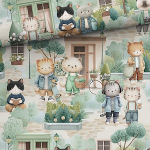 May include: Watercolor illustration featuring a repeating pattern of anthropomorphic cats in a quaint town setting. The cats are dressed in various outfits, some holding books, skateboards, and baskets. The color palette includes soft greens, blues, and browns.