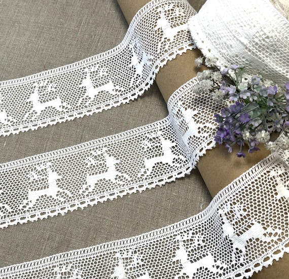 White Cotton lace trim Christmas Reindeer Cluny lace 2.95" (75mm) wide