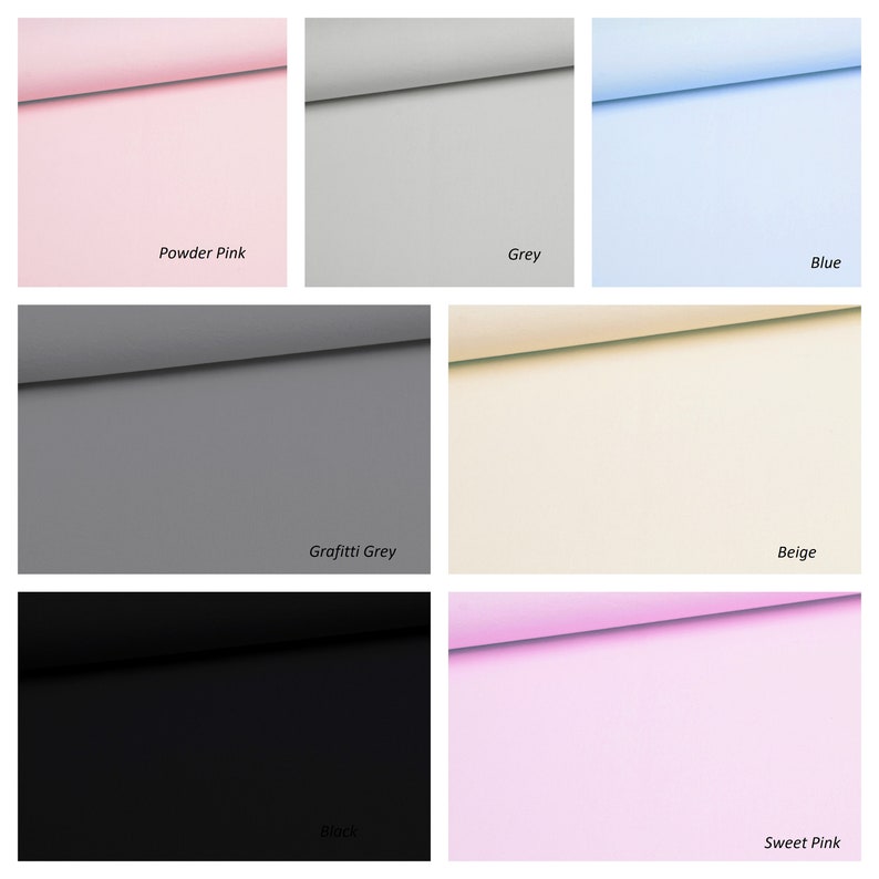 Puede incluir: Una colecci&oacute;n de siete muestras de tela en colores s&oacute;lidos que incluyen rosa empolvado, gris, azul, gris grafiti, beige, negro y rosa dulce. Cada muestra est&aacute; doblada en el borde superior, mostrando una textura lisa, mate y uniforme.