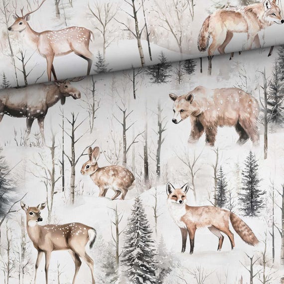 Woodland Animals Snowy forest fabric Premium cotton fabric for sewing and quilting 155 cm wide