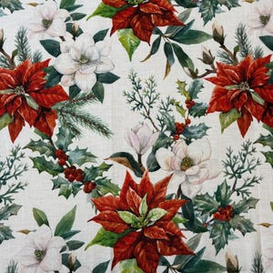 May include: A white background with a repeating pattern of red poinsettia flowers, white magnolia flowers, and green holly leaves with red berries.