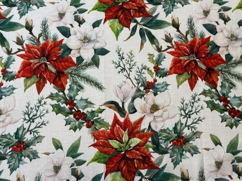 May include: A white background with a repeating pattern of red poinsettia flowers, white magnolia flowers, and green holly leaves with red berries.