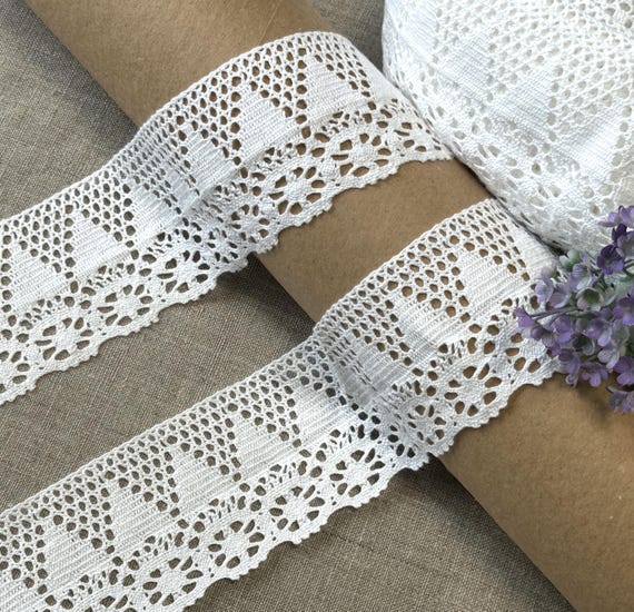 White cotton lace trim, woven 100% cotton 70mm/2.75 inch wide