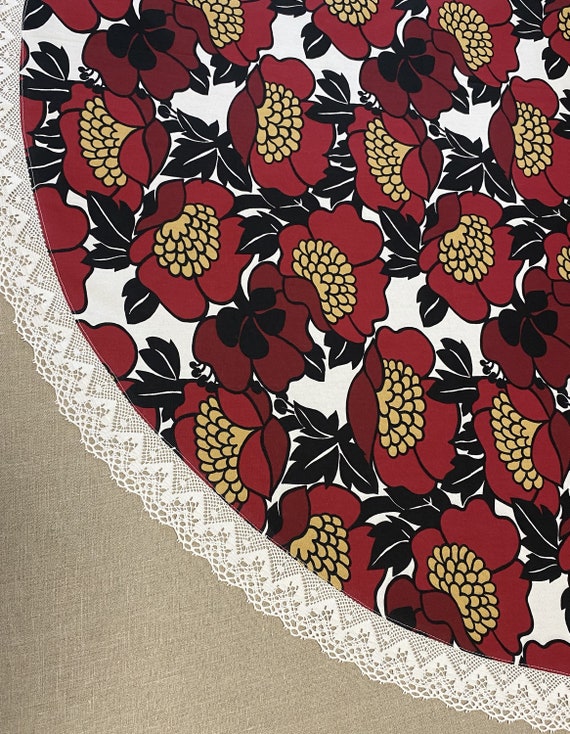 Round Floral Tablecloth with Lace Border 59 Inch/ 150 cm, Scandinavian Cotton Fabric, Round Table Cloth
