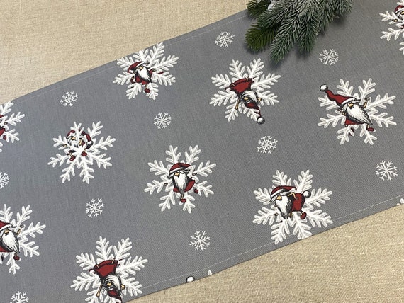 Christmas table runner Cotton fabric Christmas Gnomes Snowflakes Grey 40*150cm/15'' x 59''