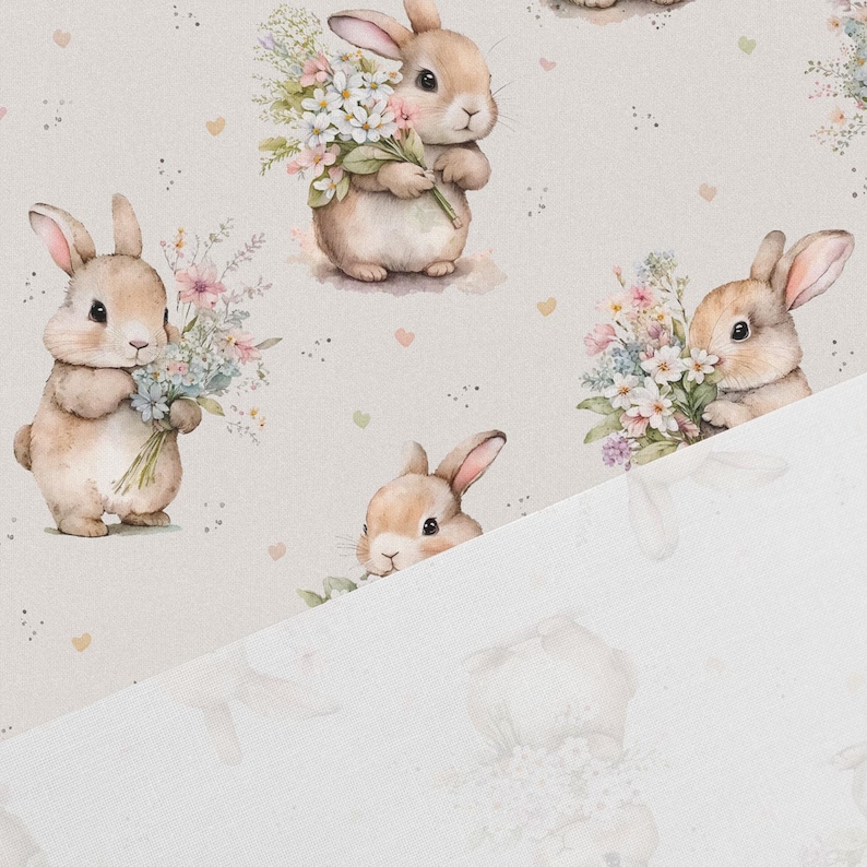 May include: A beige fabric with a repeating pattern of brown bunnies holding bouquets of flowers. The bunnies are surrounded by small hearts and dots.