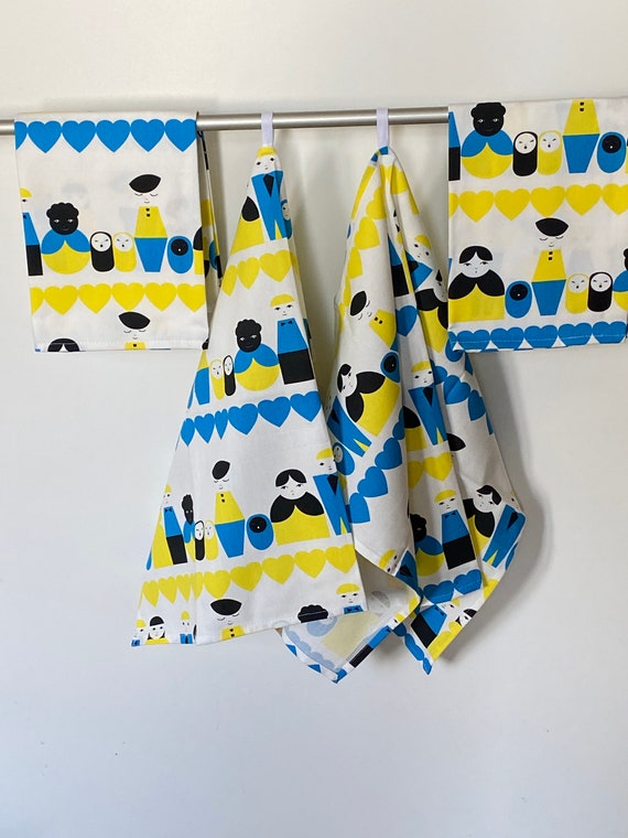 Kitchen Towel Tea Towel  Dish Towel - Scandinavian Cotton fabric Yellow Blue