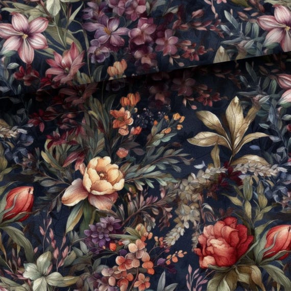 Midnight flowers Floral cotton fabric by the yard for sewing and quilting