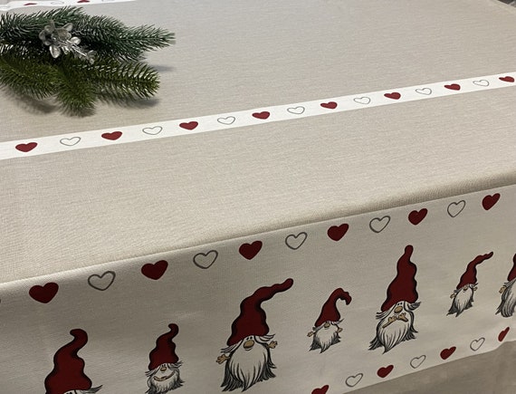 Christmas tablecloth Gnomes Scandinavian Cotton Canvas fabric Ecru/Red/White