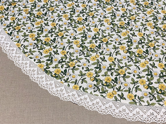 Round Yellow Floral Tablecloth with Lace Border 58 Inch/ 148 cm, Scandinavian Cotton Fabric, Round Table Cloth