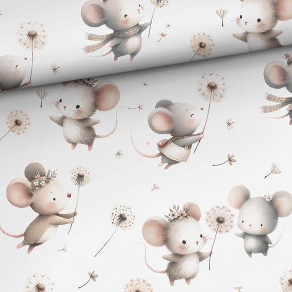 Mouse and dandelions Baby animals fabric Premium cotton fabric for sewing and quilting 155 cm wide