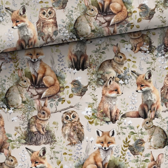Forest animals French terry cloth knitwear fabric by the yard 160cm/63'' wide