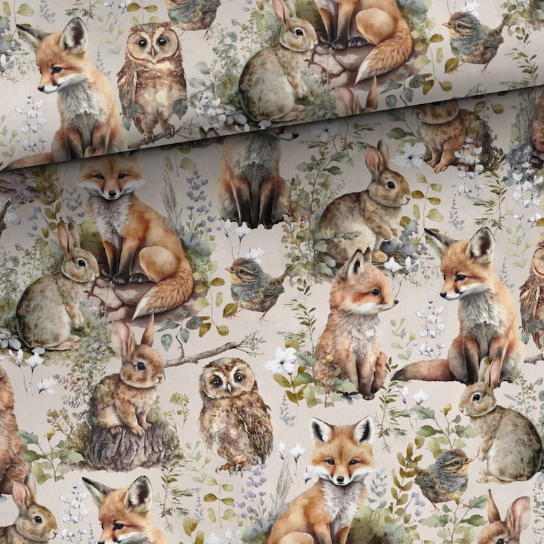 Forest animals French terry cloth knitwear fabric by the yard 160cm/63'' wide image 1